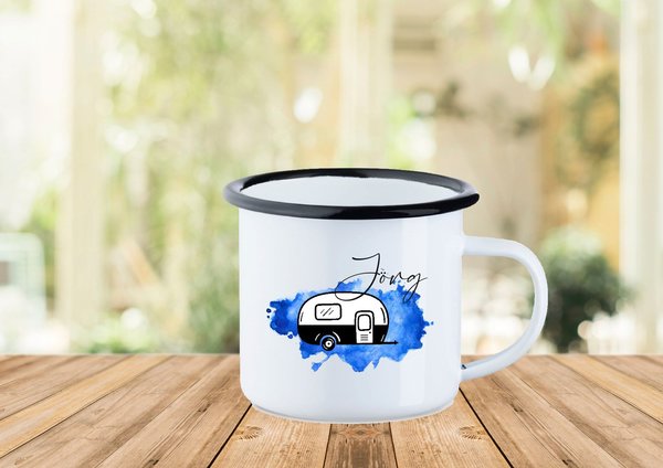 Emaille-Tasse "Wohnwagen blau " mit Namen personalisiert