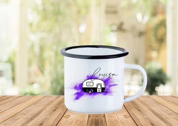 Emaille-Tasse "Wohnwagen lila " mit Namen personalisiert